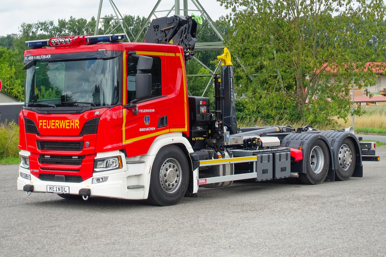 SCANIA Feuerwehrfahrzeug LKW Wechsellader WLF 26/6900, Feuerwehr Ibbenbüren Abrollkipper Meiller MEINDL Fahrzeugbau, Ladekran Hiab