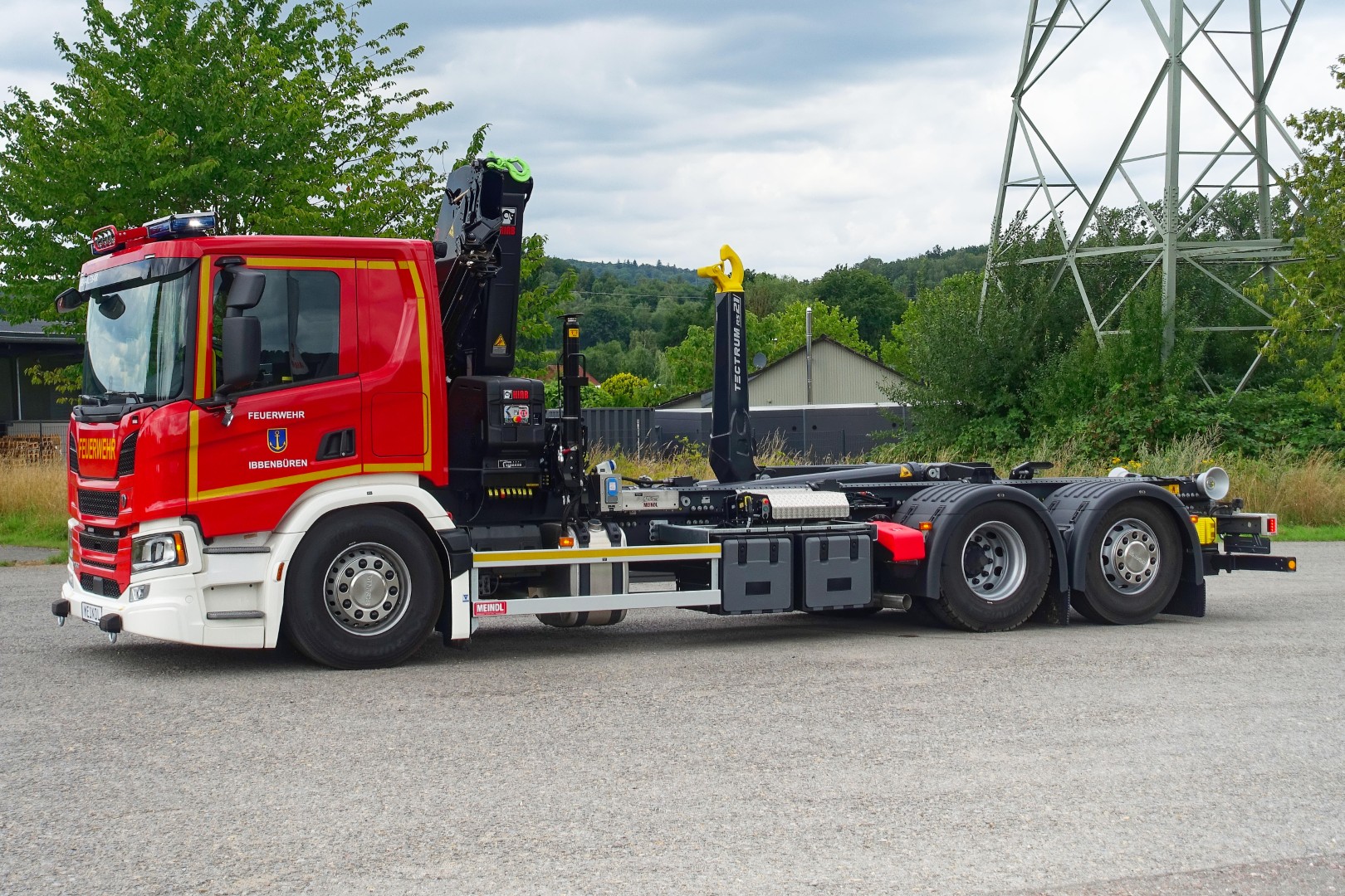 SCANIA Feuerwehrfahrzeug LKW Wechsellader WLF 26/6900, Feuerwehr Ibbenbüren Abrollkipper Meiller MEINDL Fahrzeugbau, Ladekran Hiab