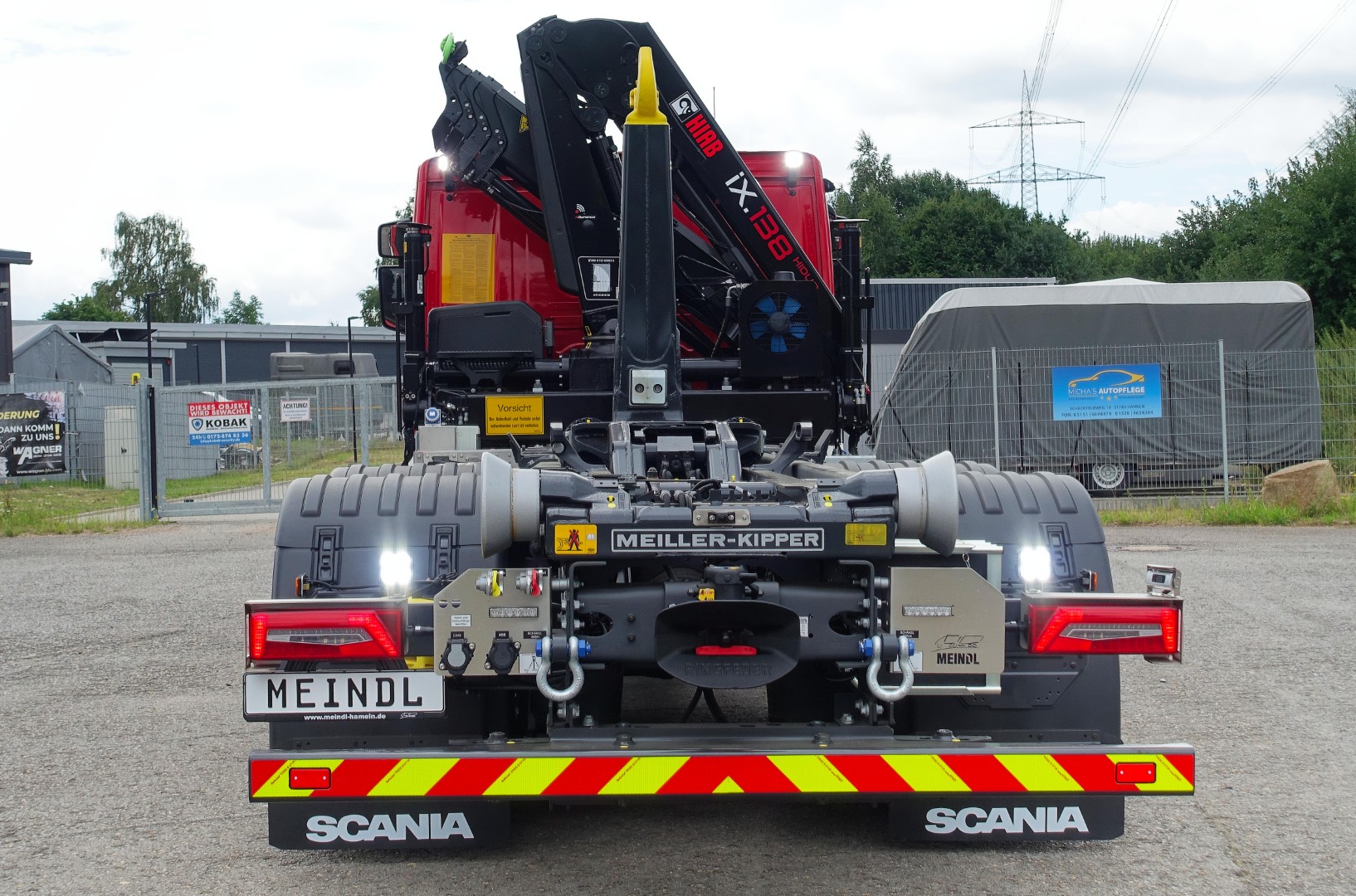 SCANIA Feuerwehrfahrzeug LKW Wechsellader WLF 26/6900, Feuerwehr Ibbenbüren Abrollkipper Meiller MEINDL Fahrzeugbau, Ladekran Hiab