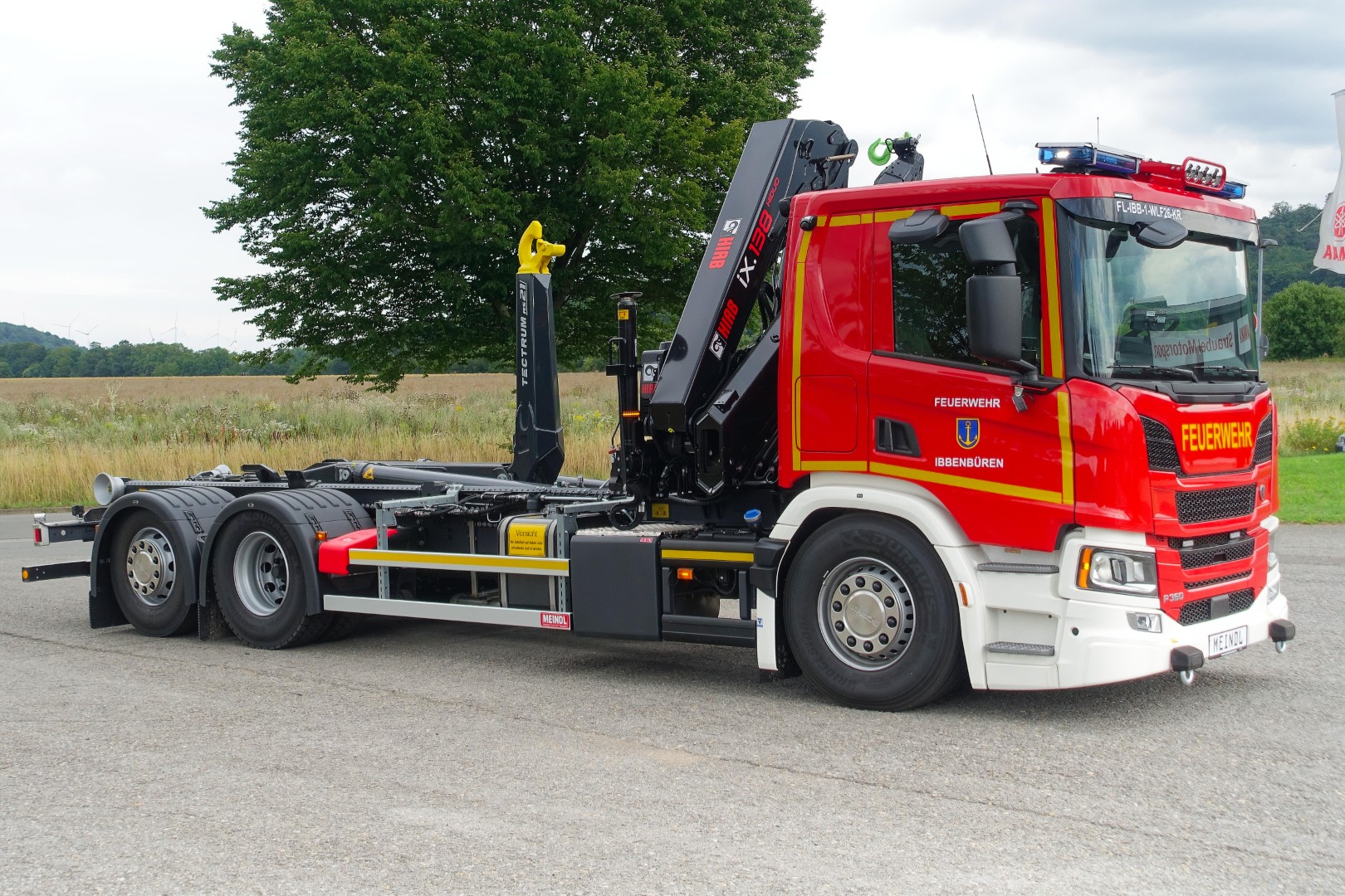 SCANIA Feuerwehrfahrzeug LKW Wechsellader WLF 26/6900, Feuerwehr Ibbenbüren Abrollkipper Meiller MEINDL Fahrzeugbau, Ladekran Hiab