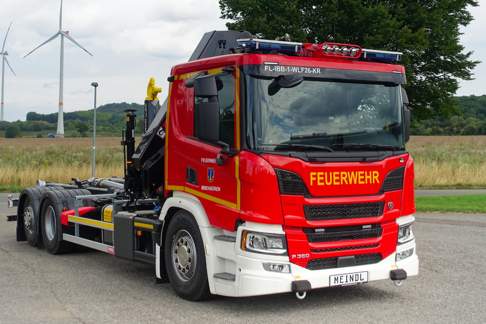 SCANIA Feuerwehrfahrzeug LKW Wechsellader WLF 26/6900, Feuerwehr Ibbenbüren Abrollkipper Meiller MEINDL Fahrzeugbau, Ladekran Hiab