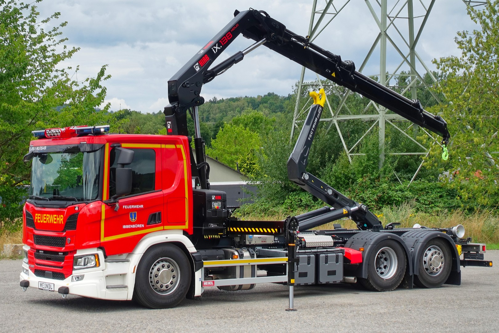 SCANIA Feuerwehrfahrzeug LKW Wechsellader WLF 26/6900, Feuerwehr Ibbenbüren Abrollkipper Meiller MEINDL Fahrzeugbau, Ladekran Hiab