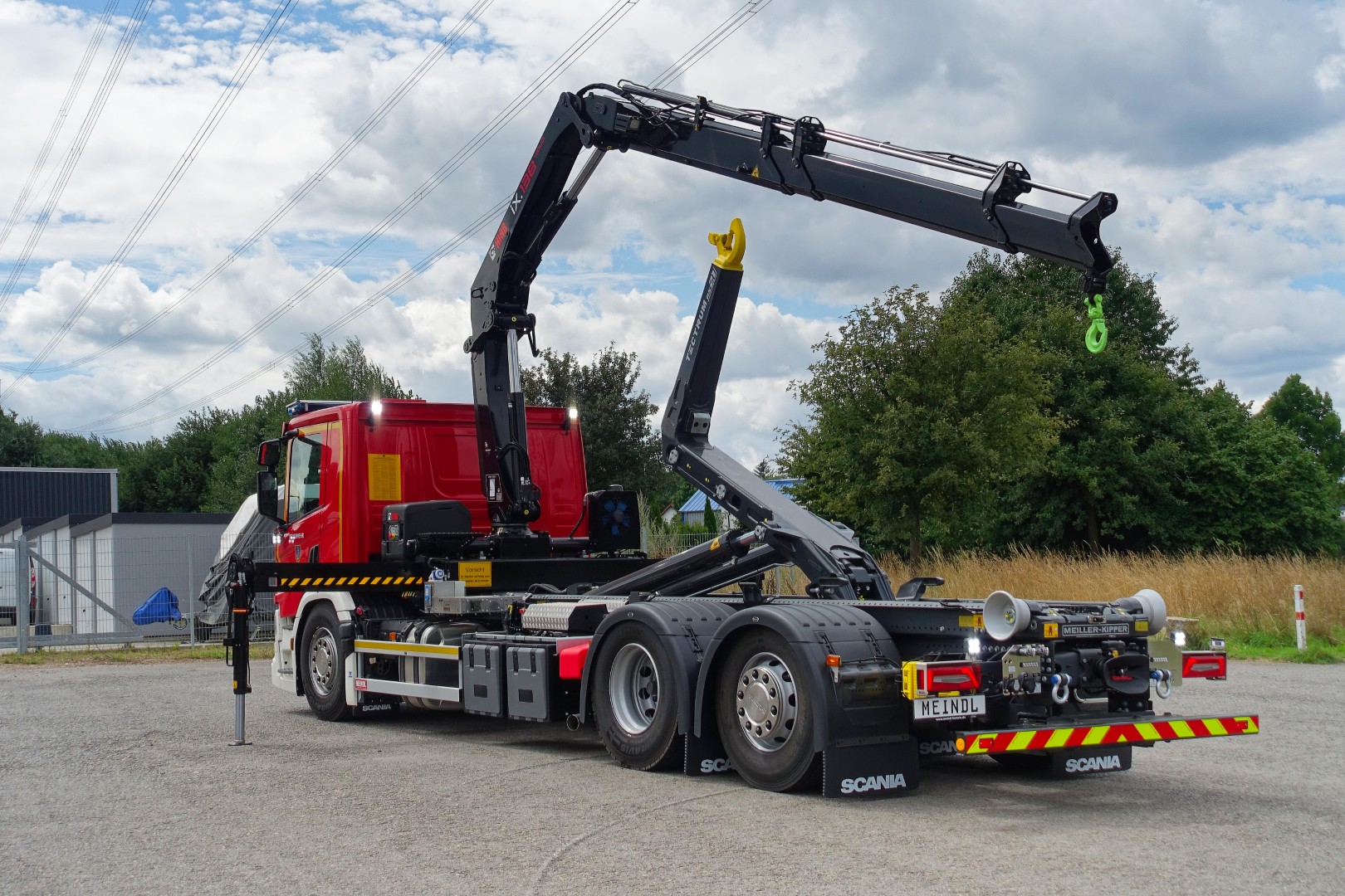 SCANIA Feuerwehrfahrzeug LKW Wechsellader WLF 26/6900, Feuerwehr Ibbenbüren Abrollkipper Meiller MEINDL Fahrzeugbau, Ladekran Hiab