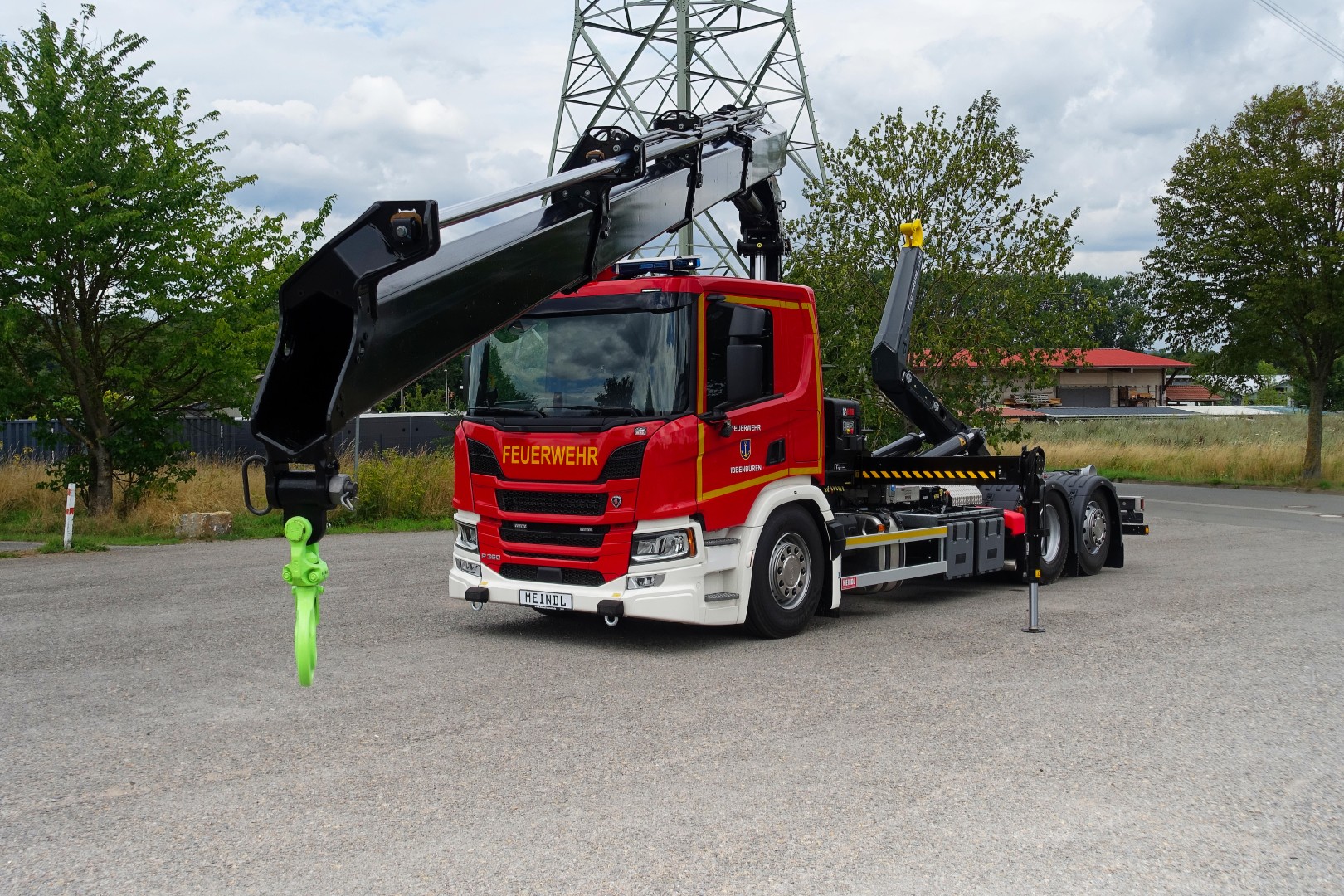 SCANIA Feuerwehrfahrzeug LKW Wechsellader WLF 26/6900, Feuerwehr Ibbenbüren Abrollkipper Meiller MEINDL Fahrzeugbau, Ladekran Hiab