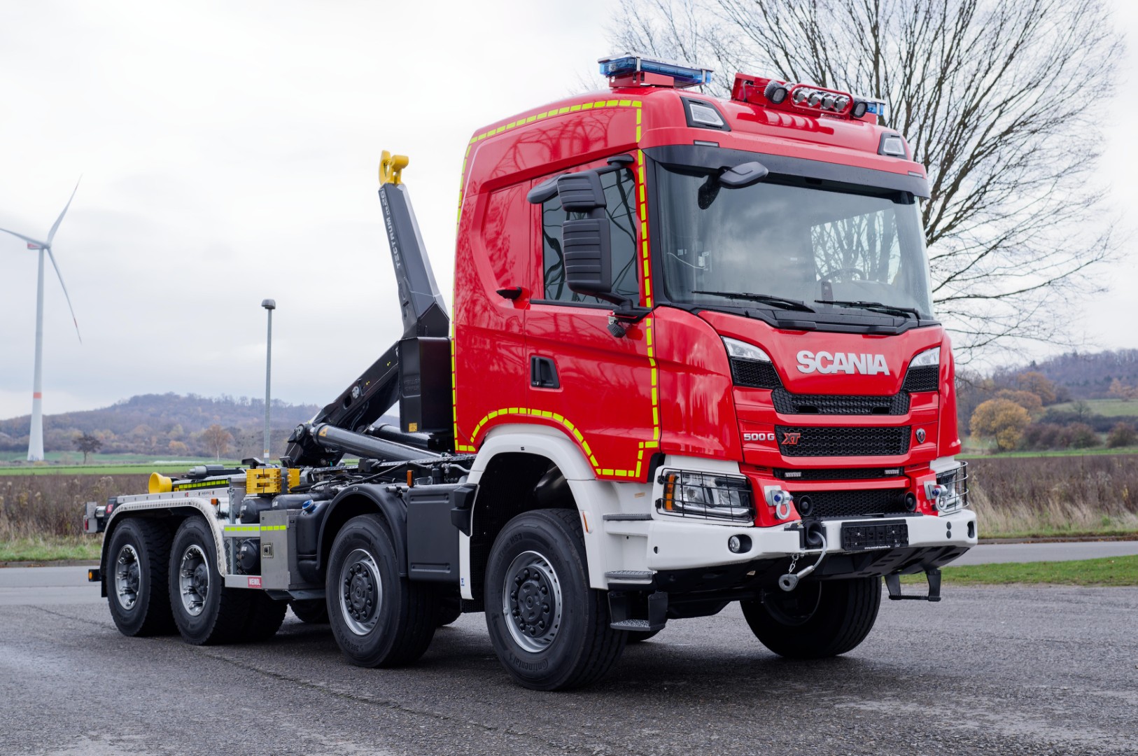 SCANIA Feuerwehrfahrzeug LKW Wechsellader WLF 32/6900, Feuerwehr Warendorf Abrollkipper Meiller MEINDL Fahrzeugbau Hänsch DBS850 Rotzler TR030 Fire Treibmatic